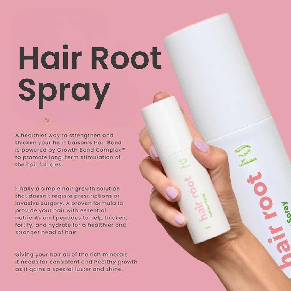 Liaison Hair Root Activator Spray close-up with peptide visuals, signaling nourishment at strand level.