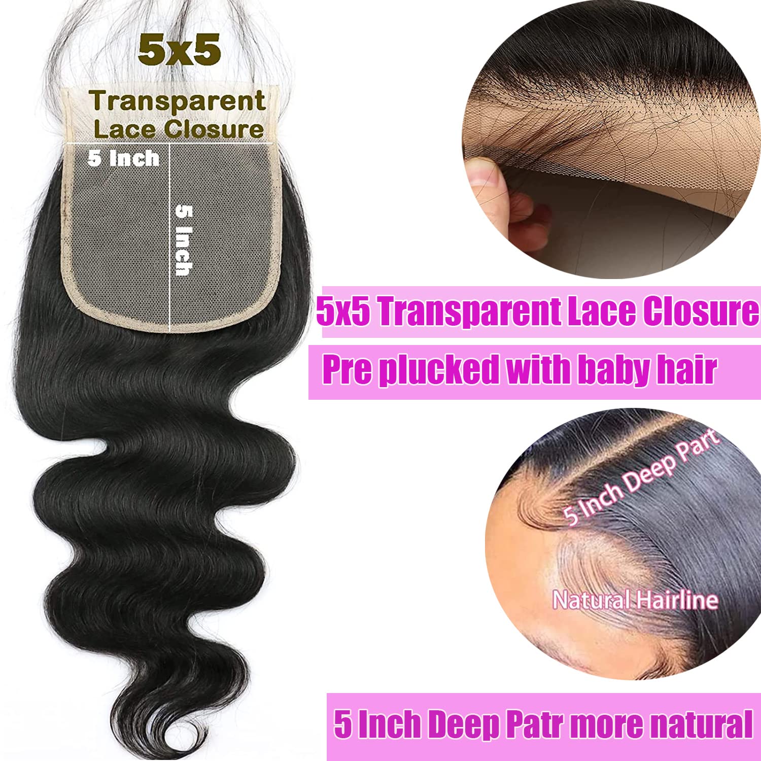 Liangya Hair HD Body Wave Closure close-up of preplucked baby hairs