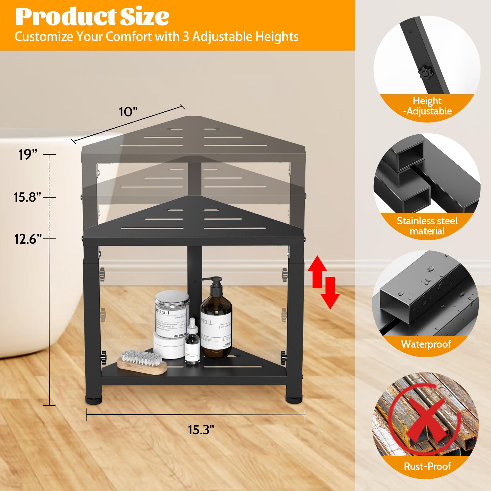 LIDTOP anti-slip feet on shower stool ensuring stability on wet floors
