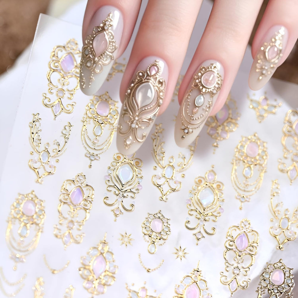 LIDUNANWU gold nail stickers with gemstone patterns for elegant DIY manicures