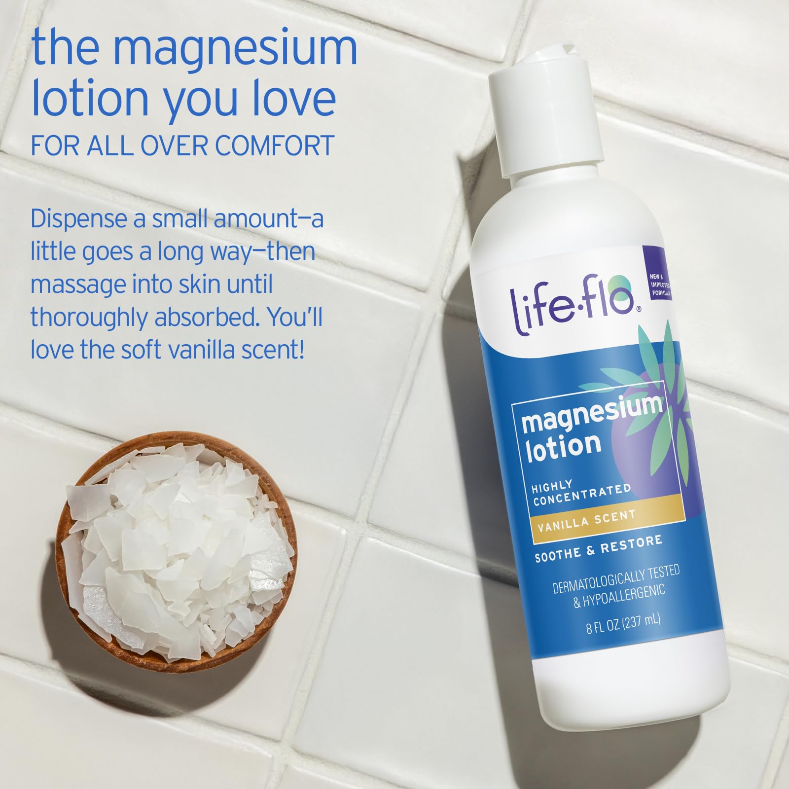 LIFE-FLO Magnesium Lotion skin-softening formula with shea butter and coconut oil.