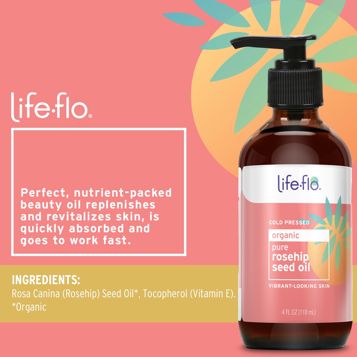 LIFE-FLO Rosehip Seed Oil bottle pour for easy facial application