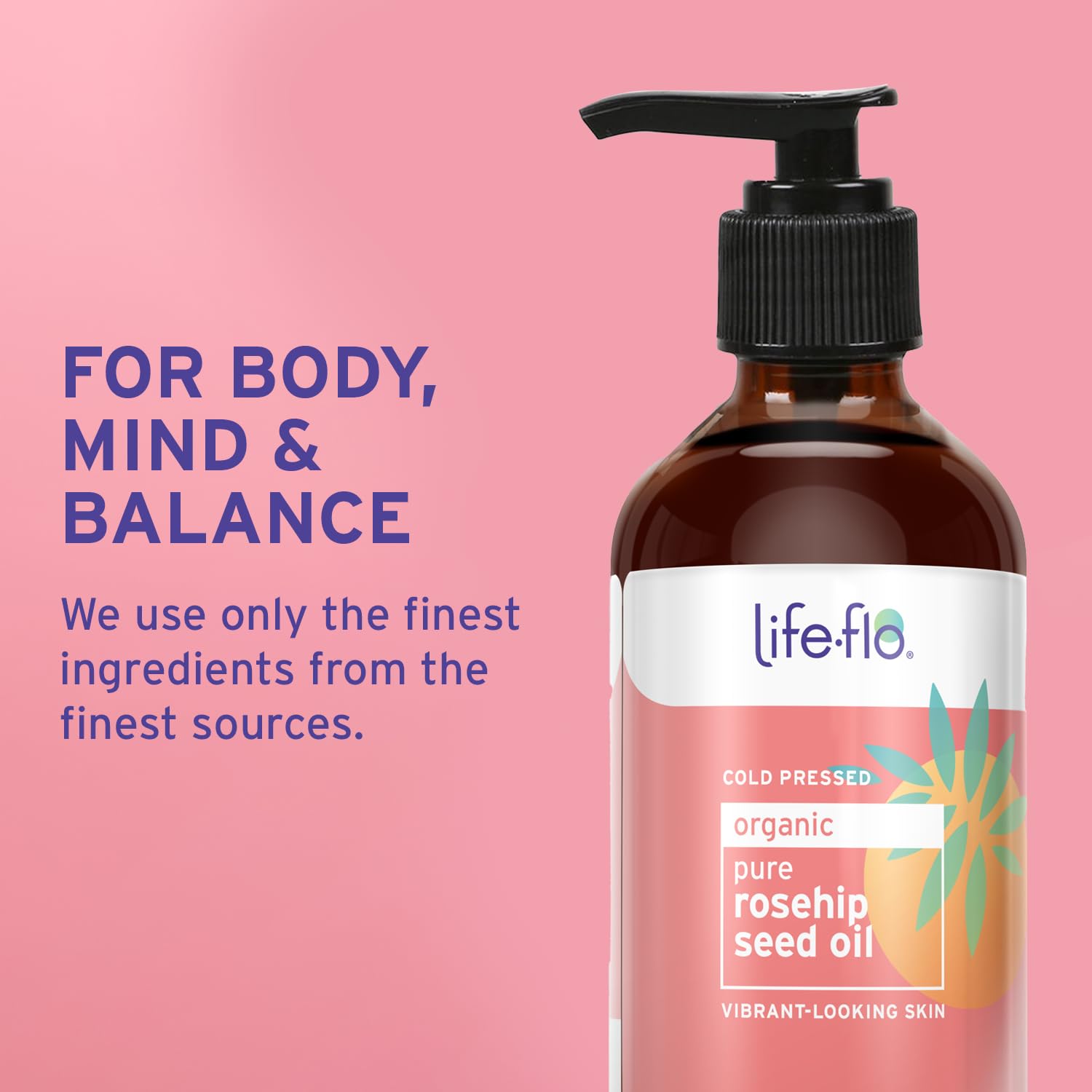 LIFE-FLO Pure Rosehip Seed Oil packaging highlights organic origin