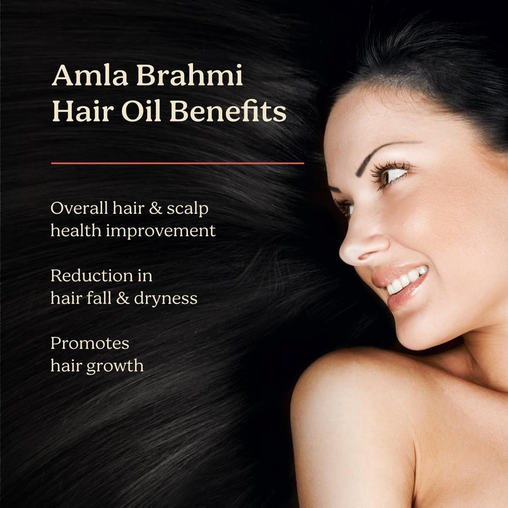 Life & Pursuits Amla Brahmi Oil ingredients closeup highlighting coconut triphala gotu kola