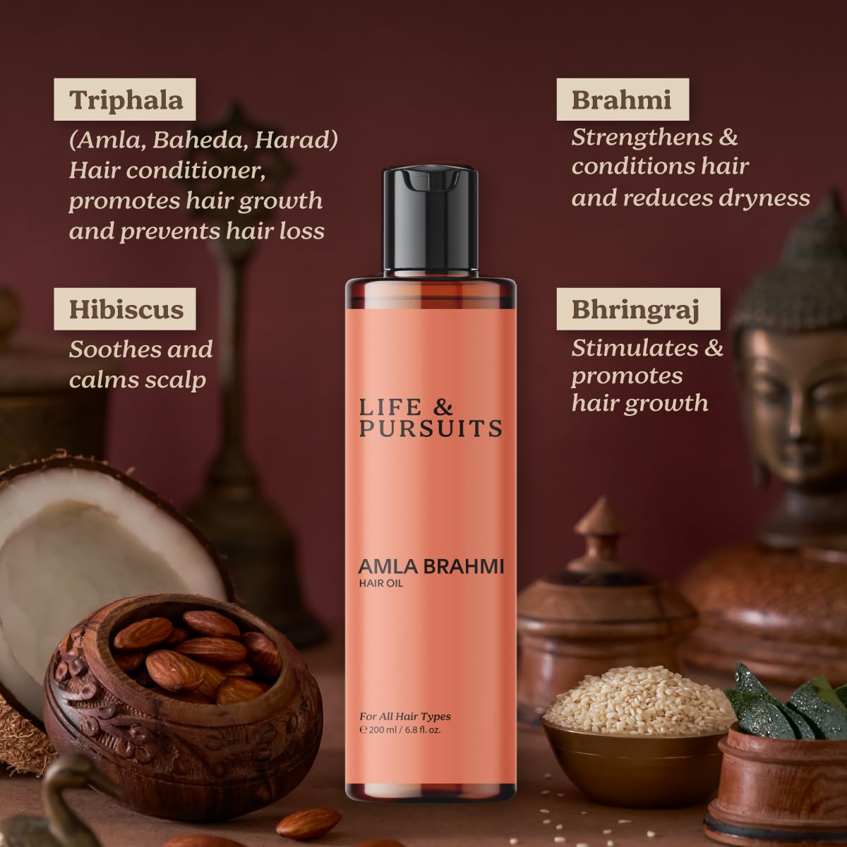 Life & Pursuits Amla Brahmi Oil jar label showing pure Ayurvedic blend for hair health