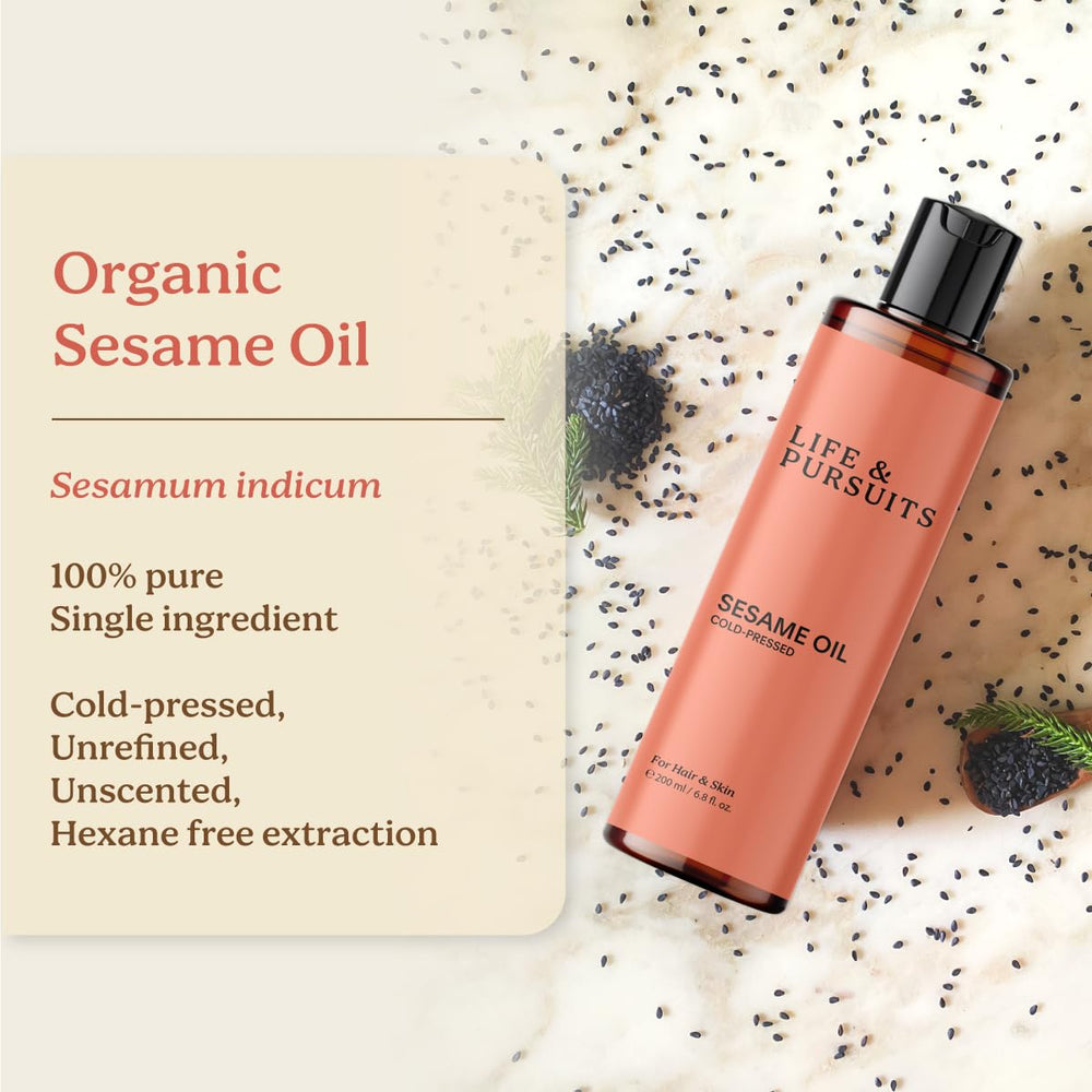 Life & Pursuits sesame oil ingredients closeup highlighting vitamins and minerals.