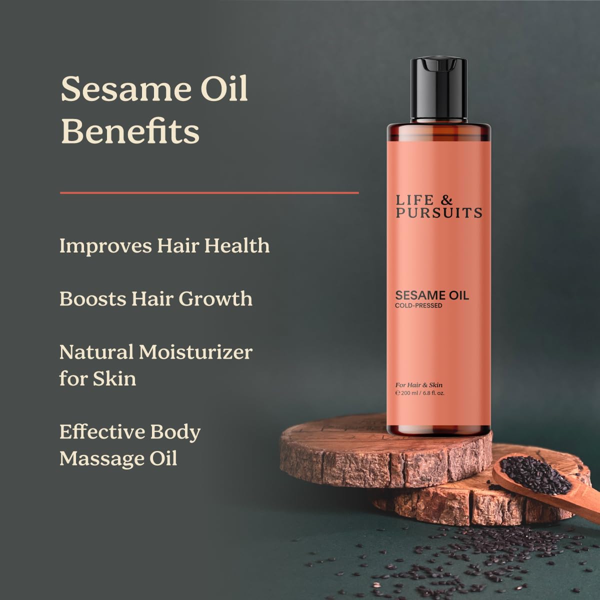 Life & Pursuits sesame oil packaging emphasizes purity and safety.
