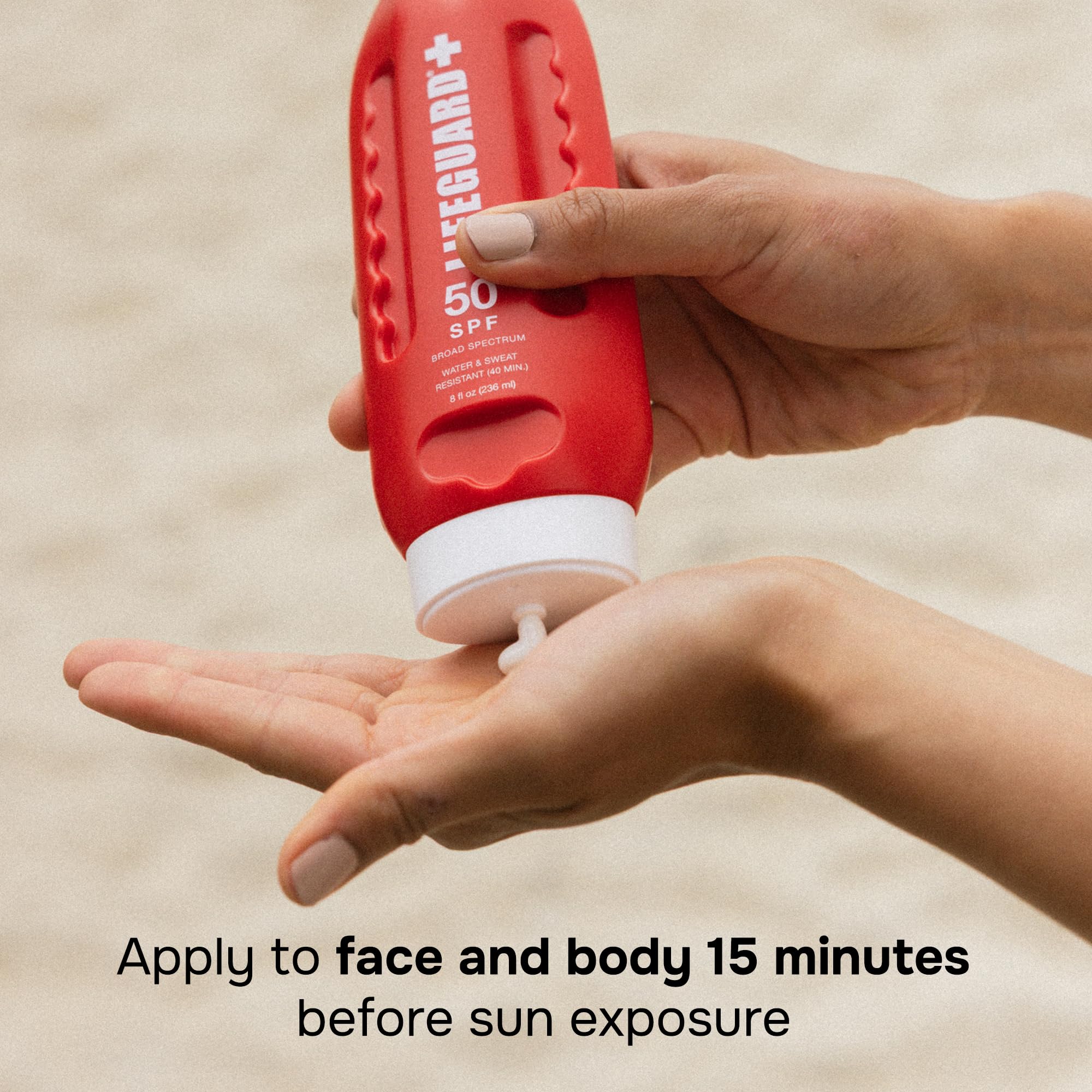LIFEGUARD SPF 50 lotion applied on skin while swimming or sweating