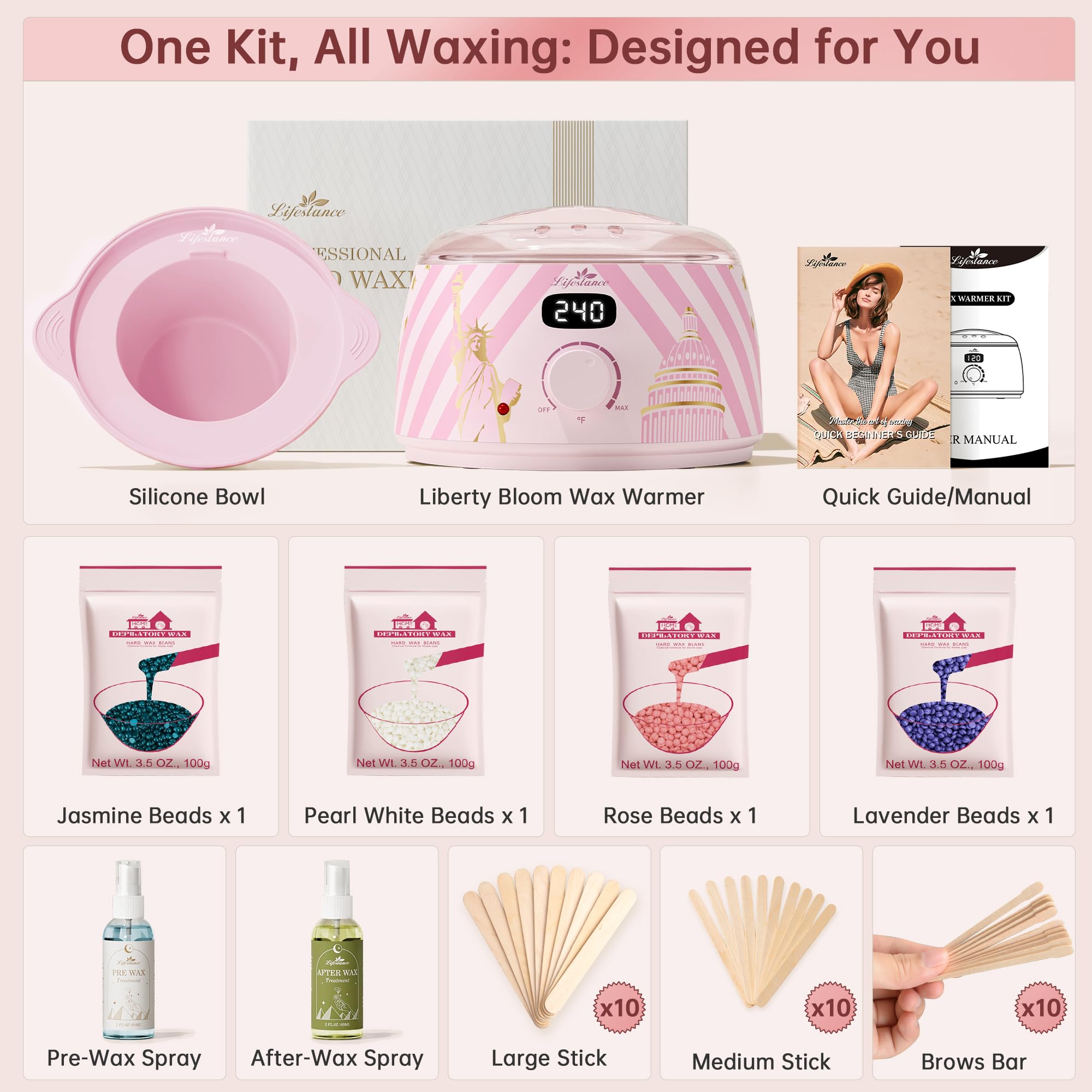 Lifestance 14.1 oz hard wax beads in rose formula for comfortable at-home waxing.