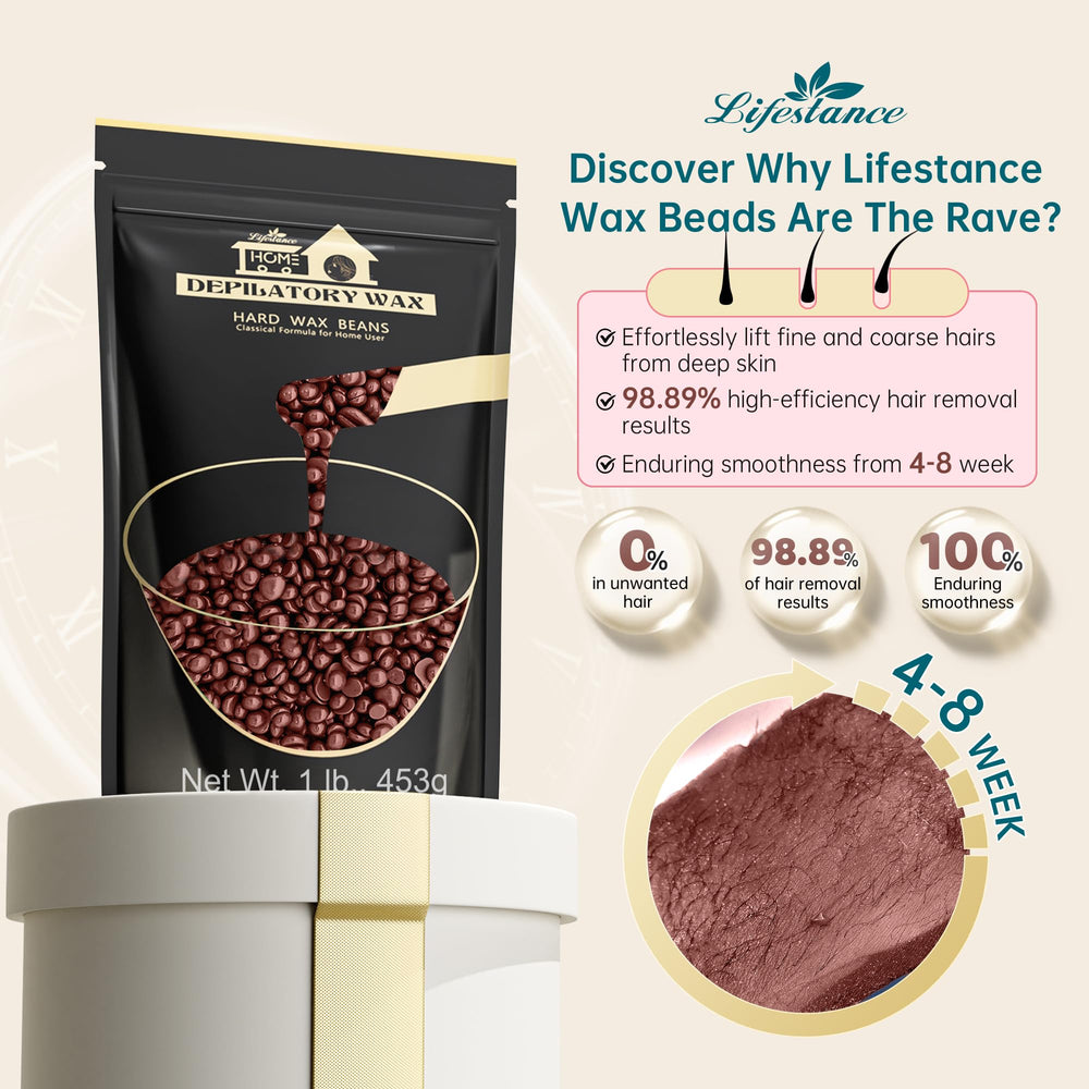 Lifestance Coffee Wax Beads close-up jar showing texture for precise hair removal prep.