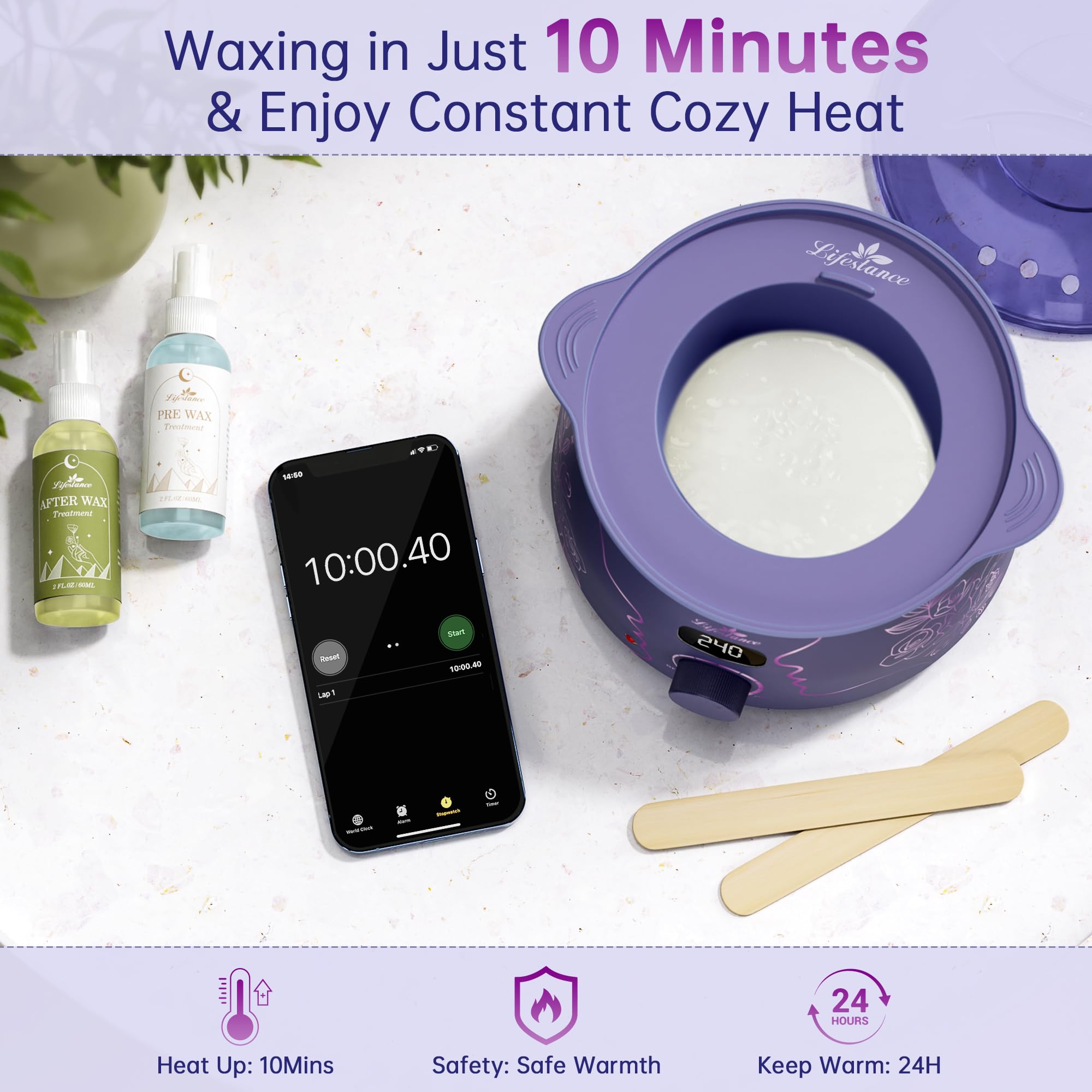 Lifestance LED temperature display ensuring precise, steady heat during waxing
