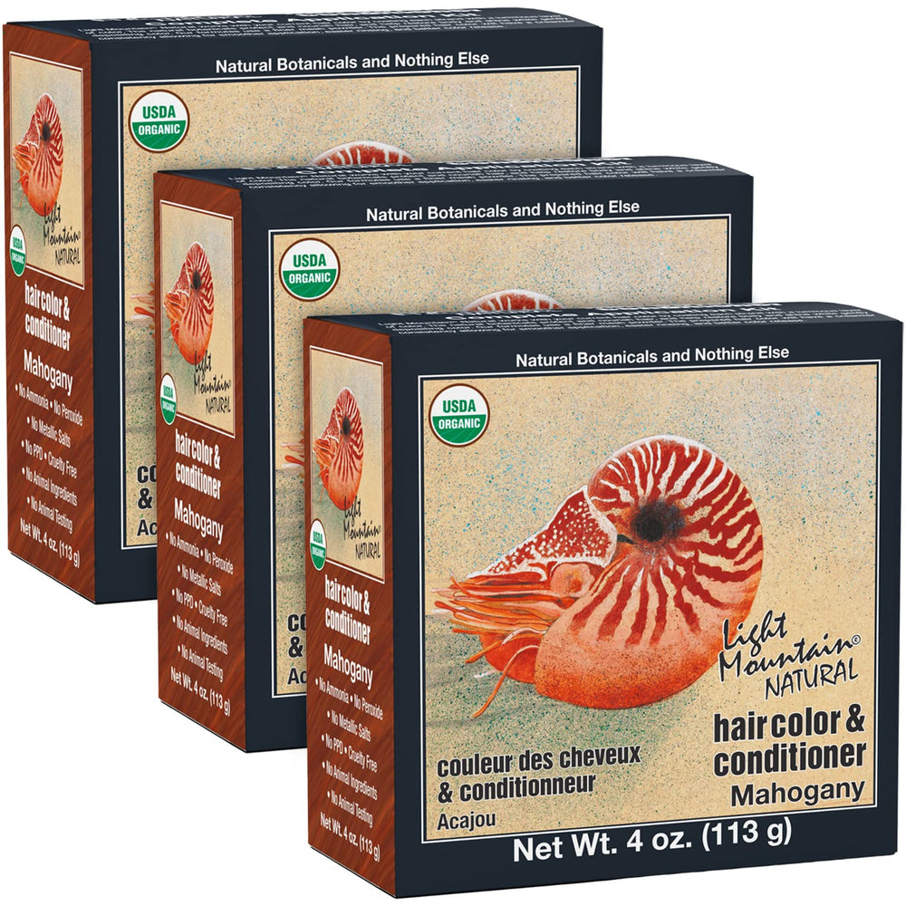 Light Mountain Henna bottle in mahogany color for chemical-free hair color.