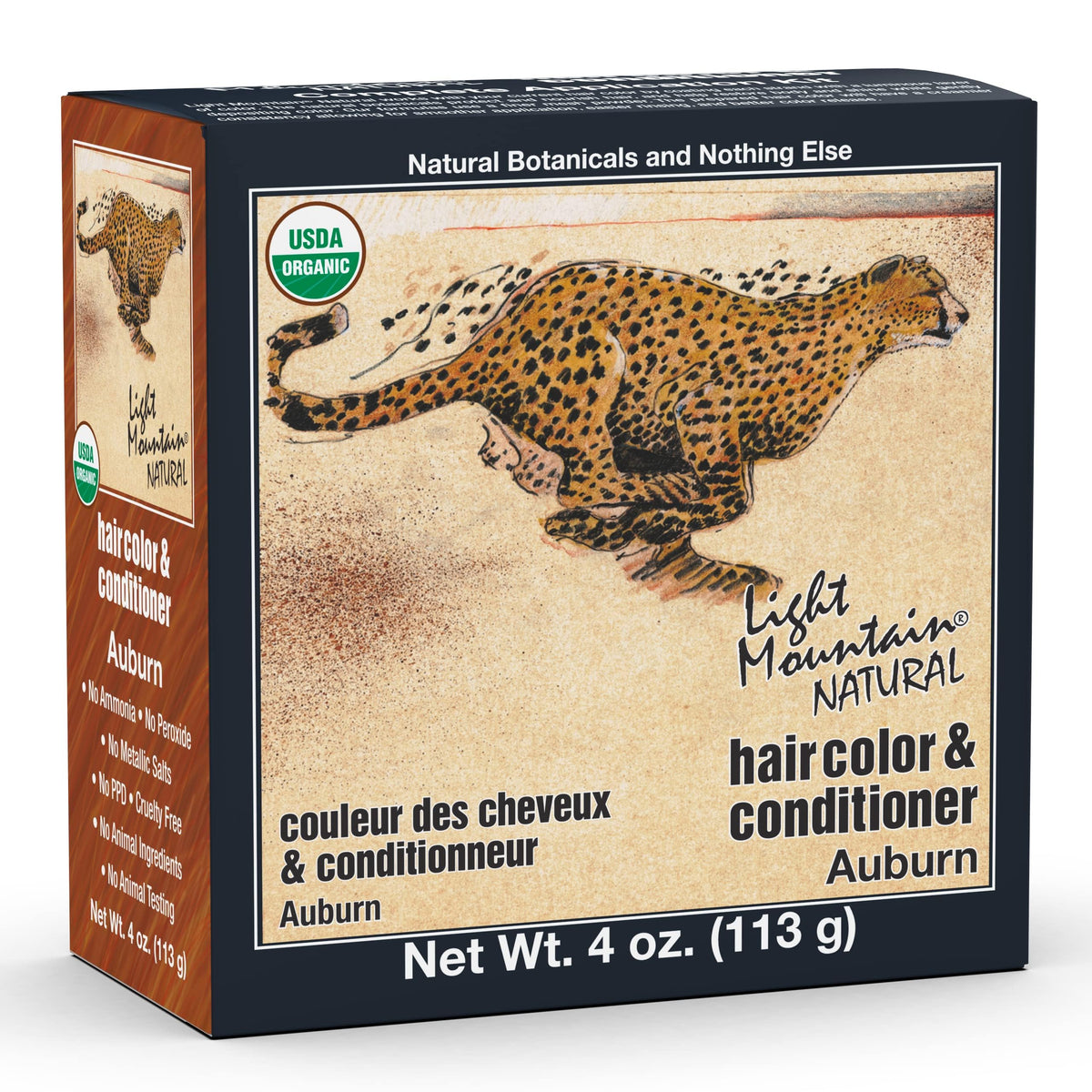 Light Mountain Henna Auburn packaging shows a chemical-free color kit for natural results