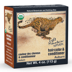 Light Mountain Henna Auburn packaging shows a chemical-free color kit for natural results