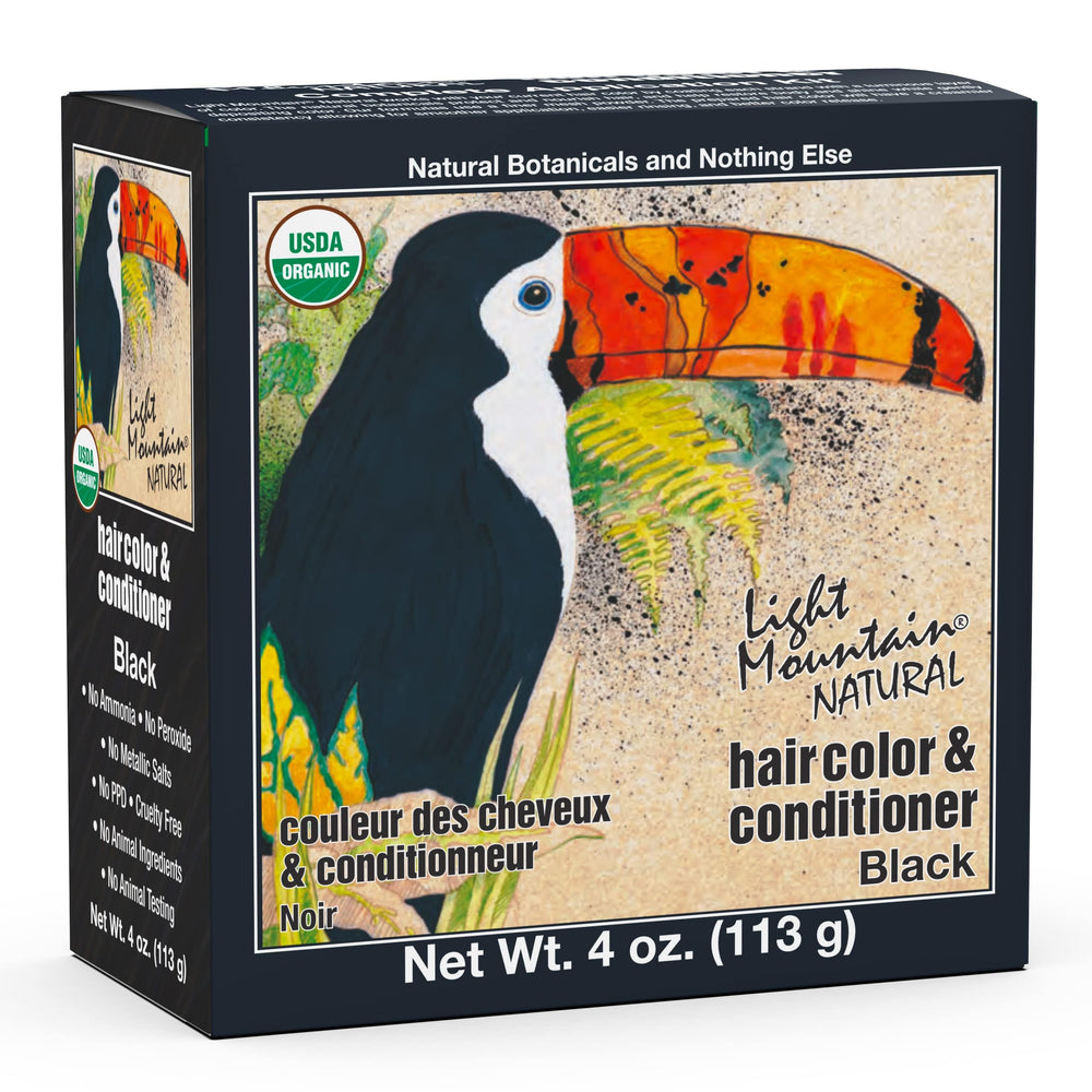 Light Mountain Henna color bottle for chemical-free black hair dye.