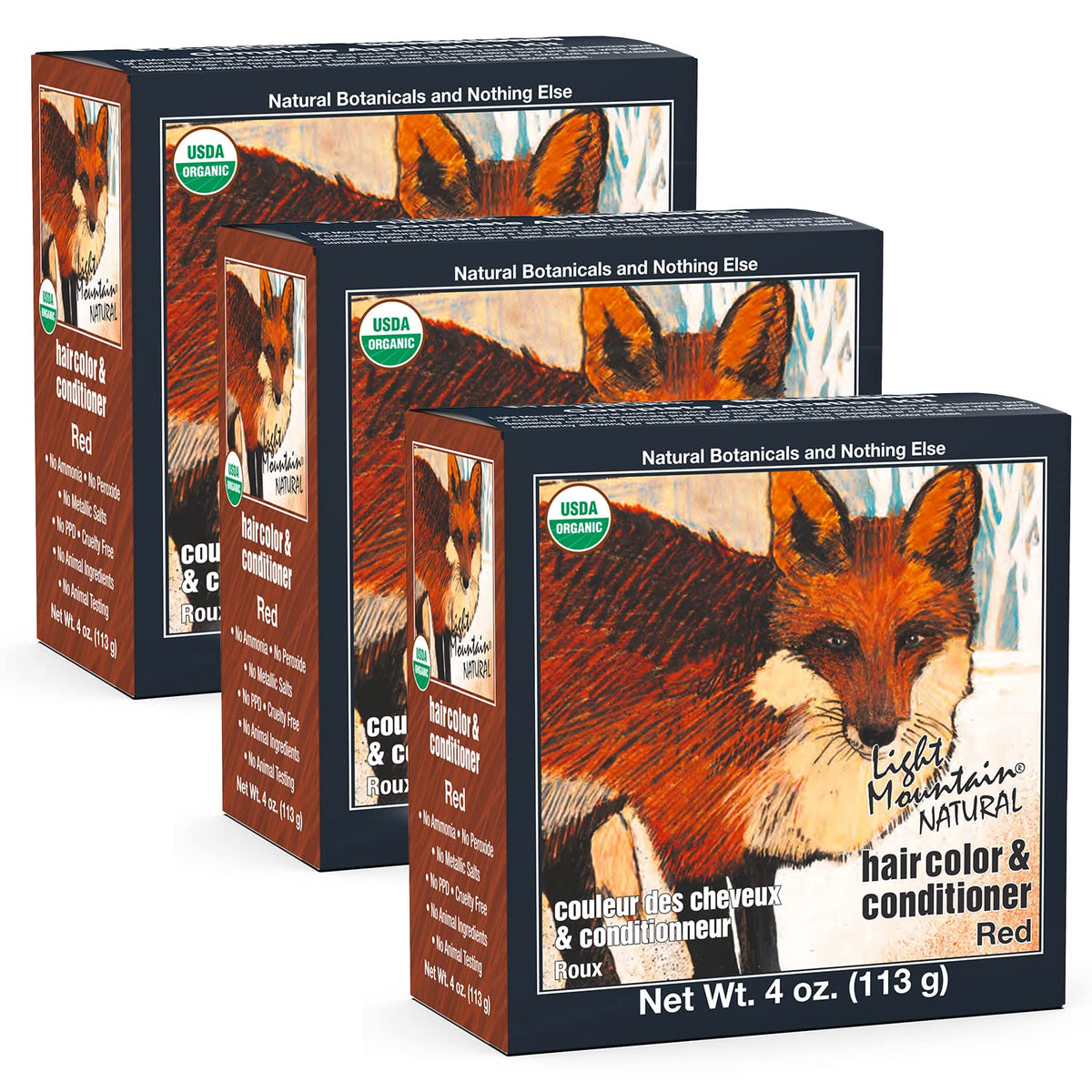 Light Mountain Henna color bottle shows natural red hue and conditioning benefit.