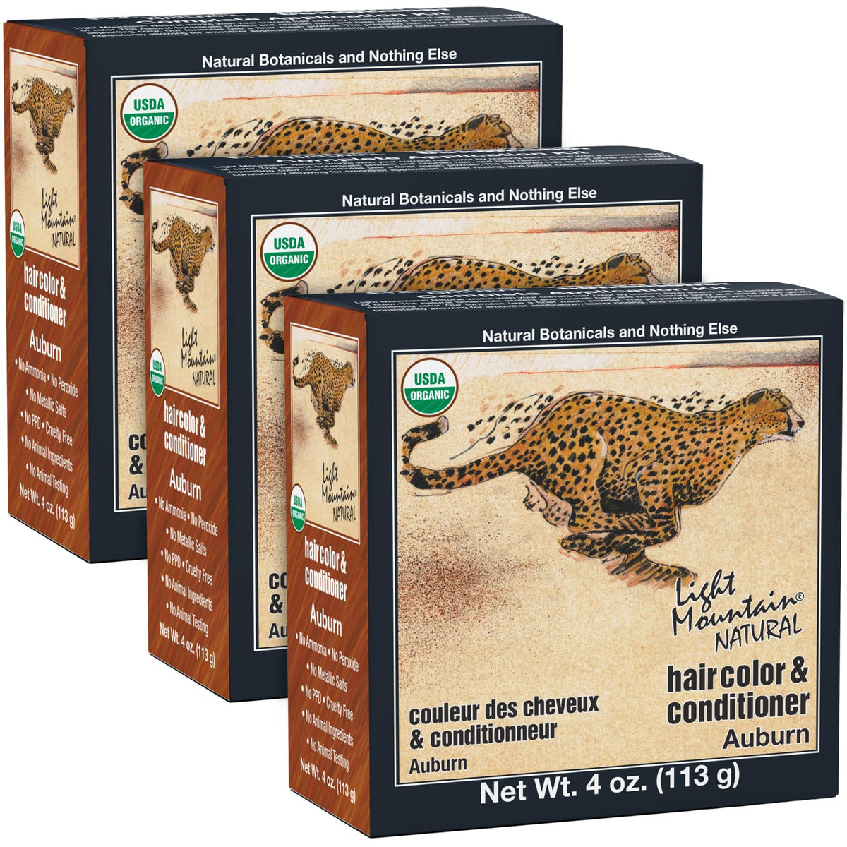 Light Mountain Henna hair color Auburn packaging illustrates a chemical-free color kit for natural results.
