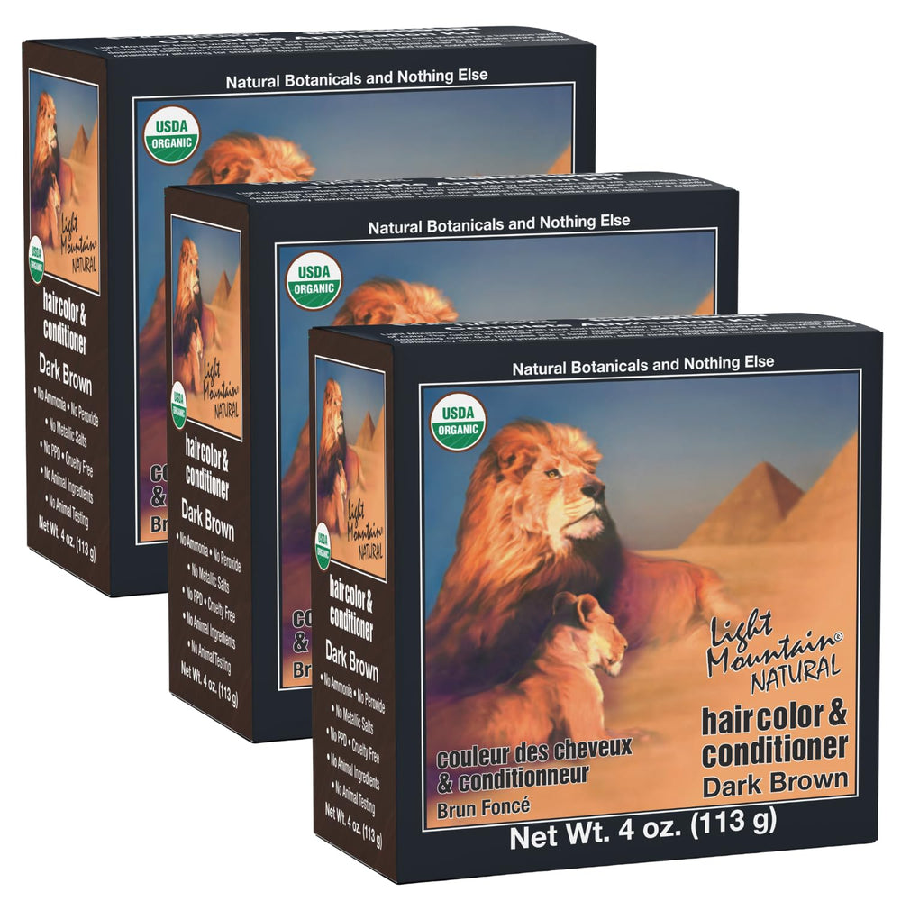 Light Mountain henna hair color in dark brown pack offers rich color without harsh chemicals.