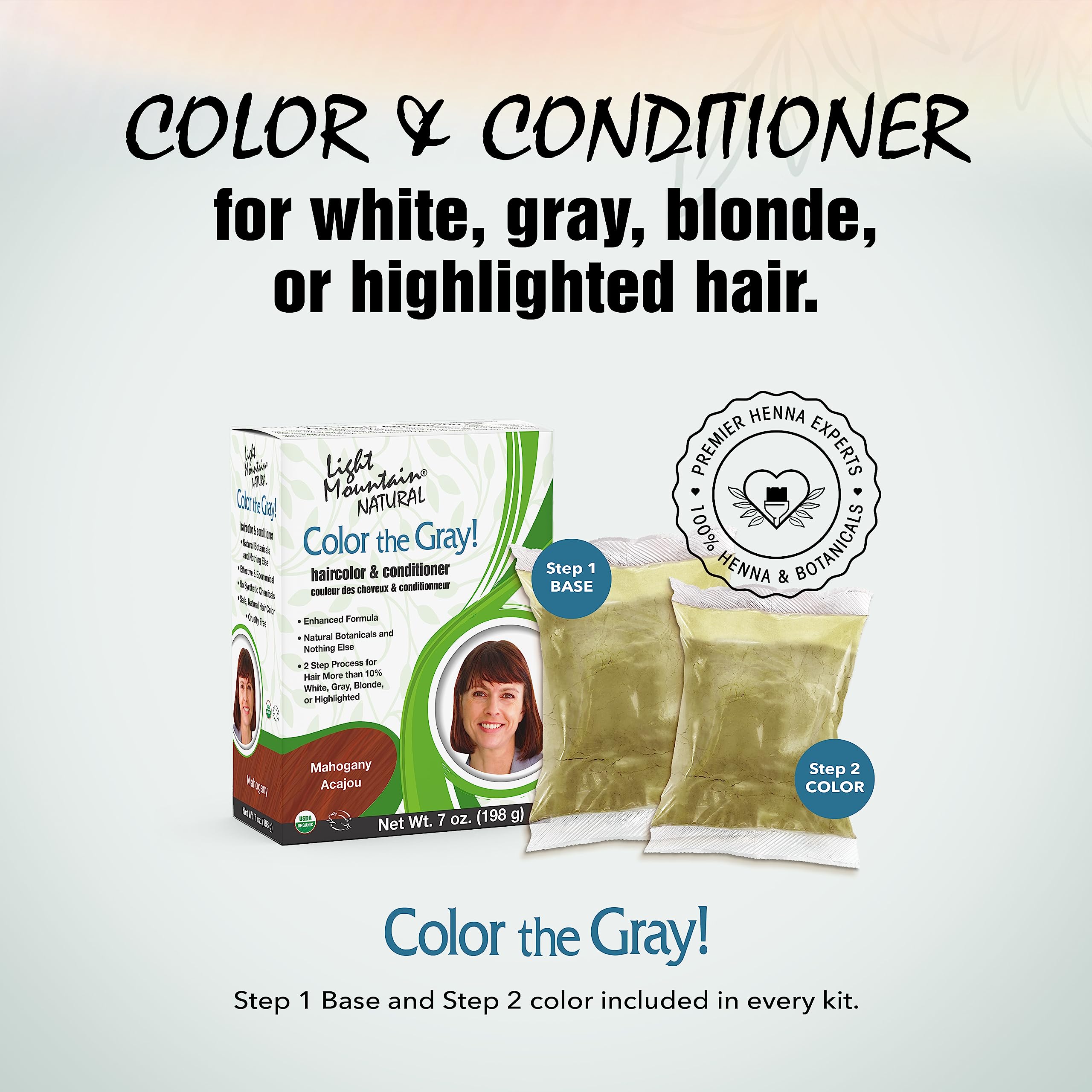 Light Mountain Henna Step 2 color powder for rich mahogany shade.