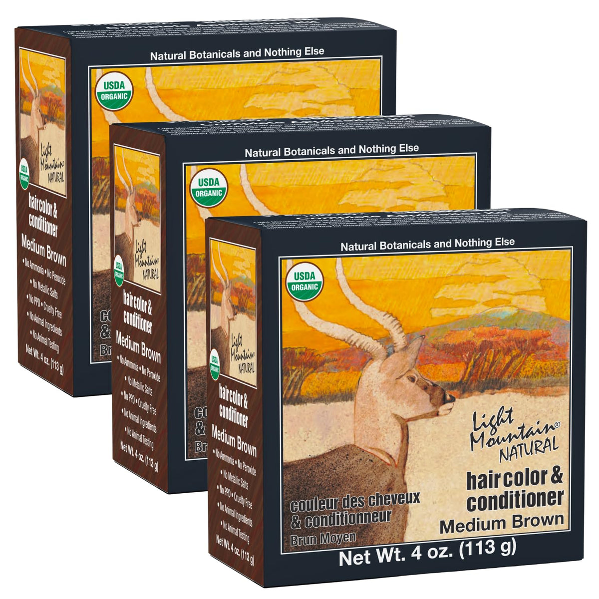 Light Mountain Henna hair color bottle showing natural medium brown shade