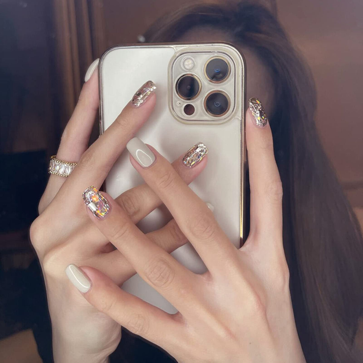 Light Rain press-on nails design close-up showing hand-painted 3D artwork you can wear at home.
