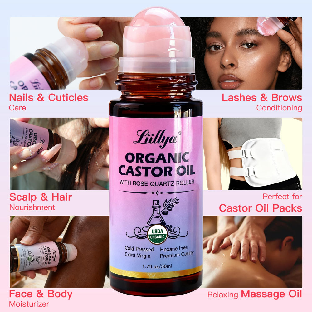 Liillya castor oil nourishes hair, brows, and lashes for conditioning shine.