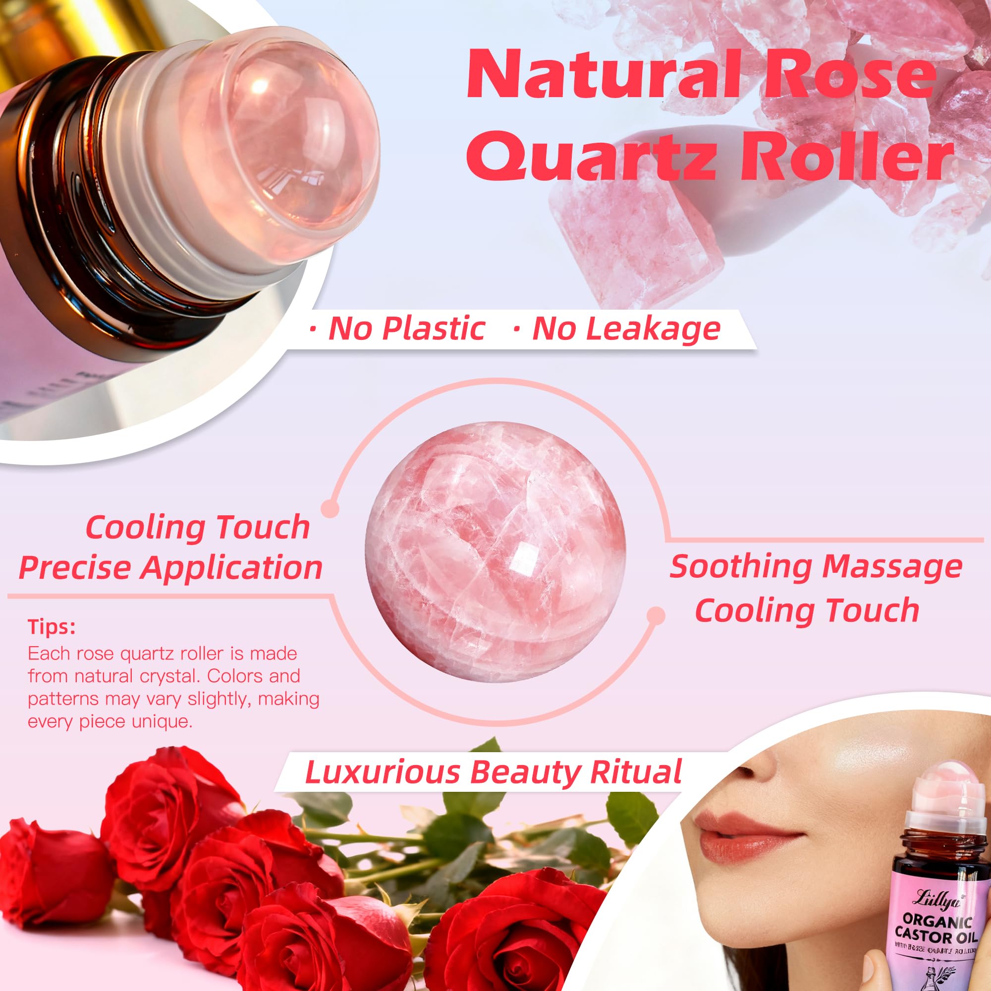 Liillya rose quartz roller provides cooling massage to enhance absorption.