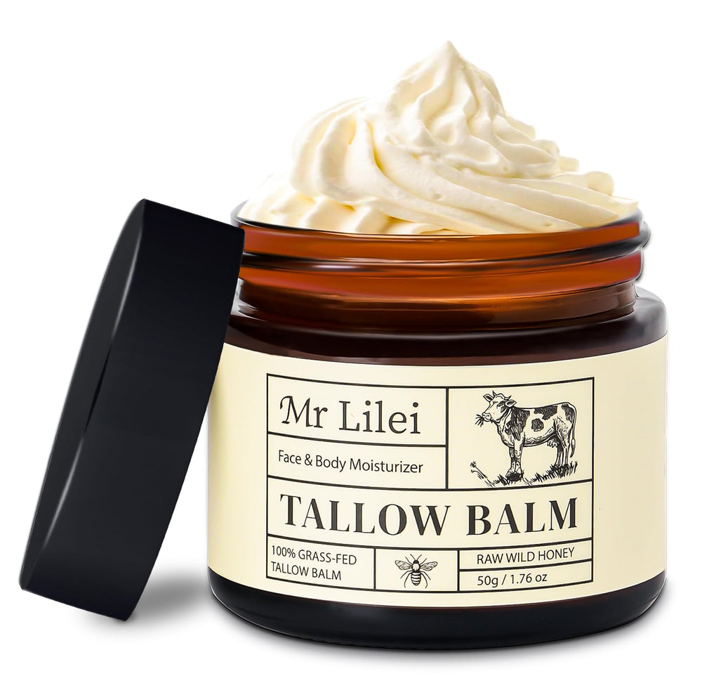 Lilei Beauty beef tallow face jar provides rich hydration for dry skin.