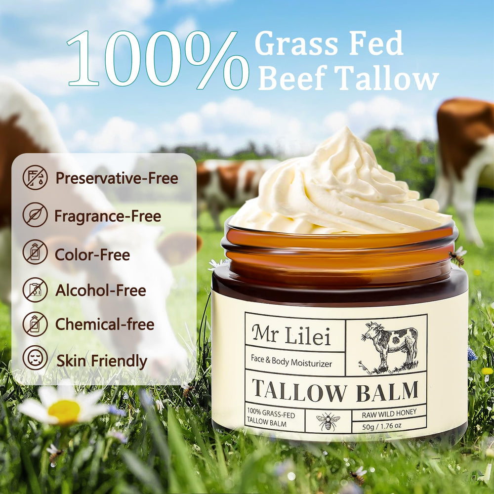 Open jar of Lilei Beauty beef tallow with honey shows natural ingredients.