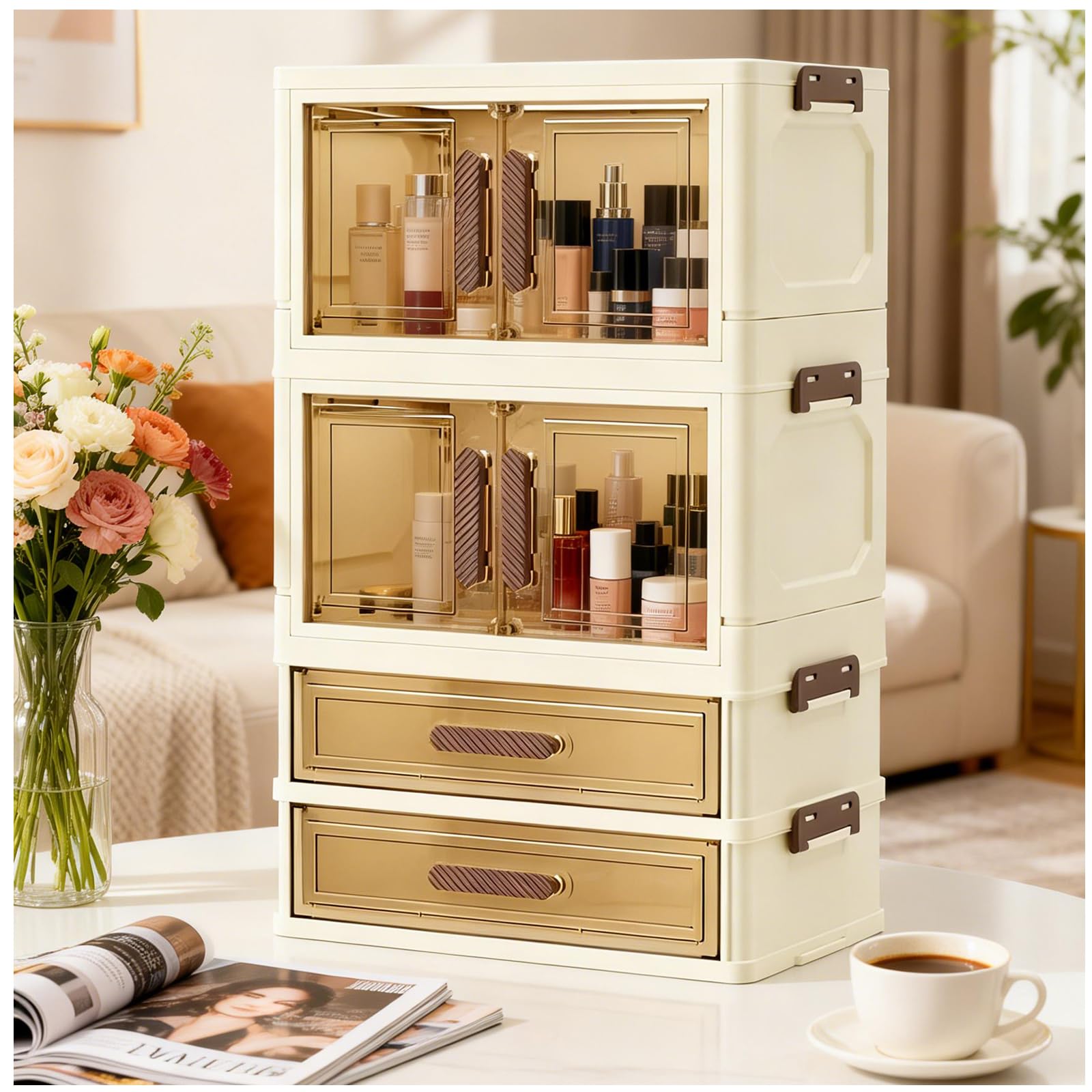LiliGloris keeps skincare, makeup, and jewelry neatly organized.