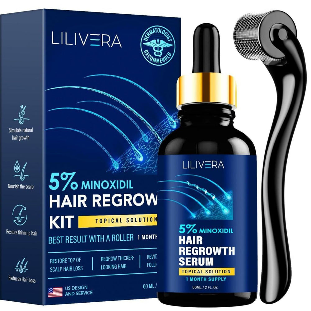 Lilivera 5% Minoxidil application targets thinning hair for fuller-looking strands.