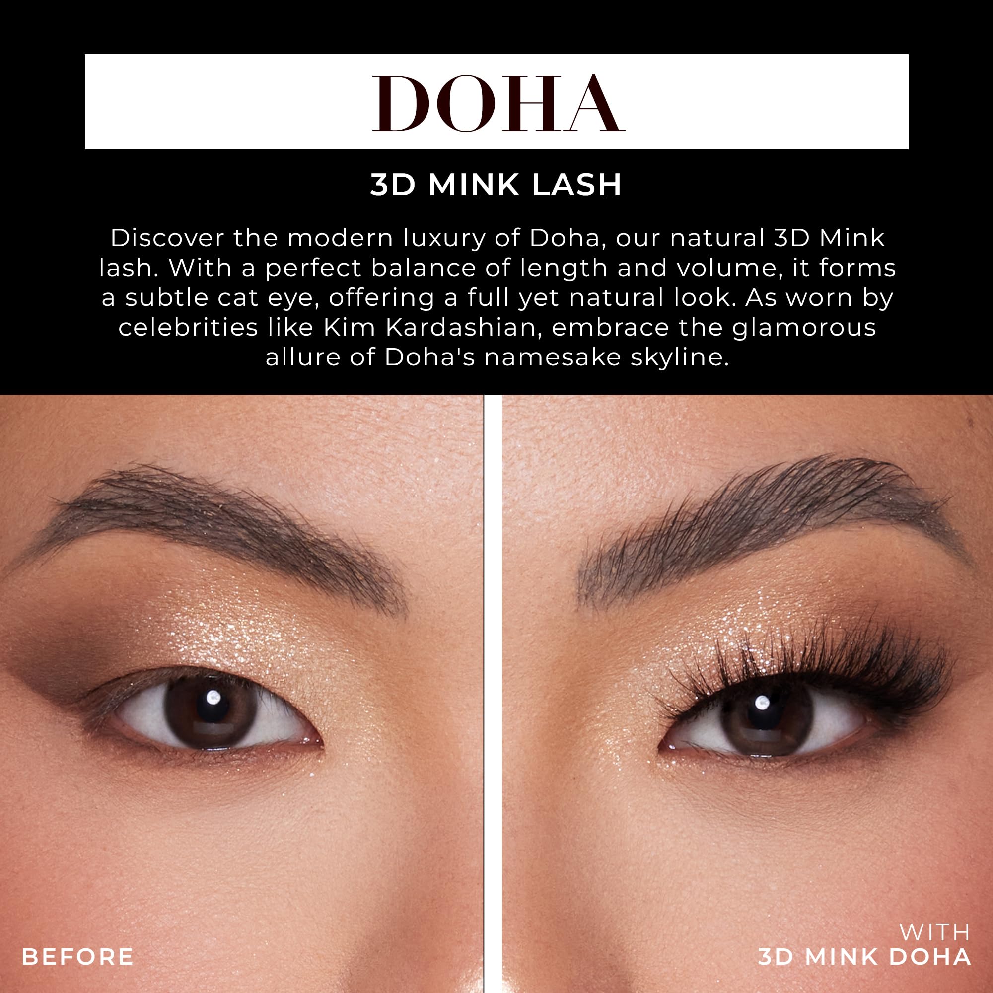 Fluffy cat-eye lashes by Lilly Lashes create a lifted, eye-enhancing silhouette.