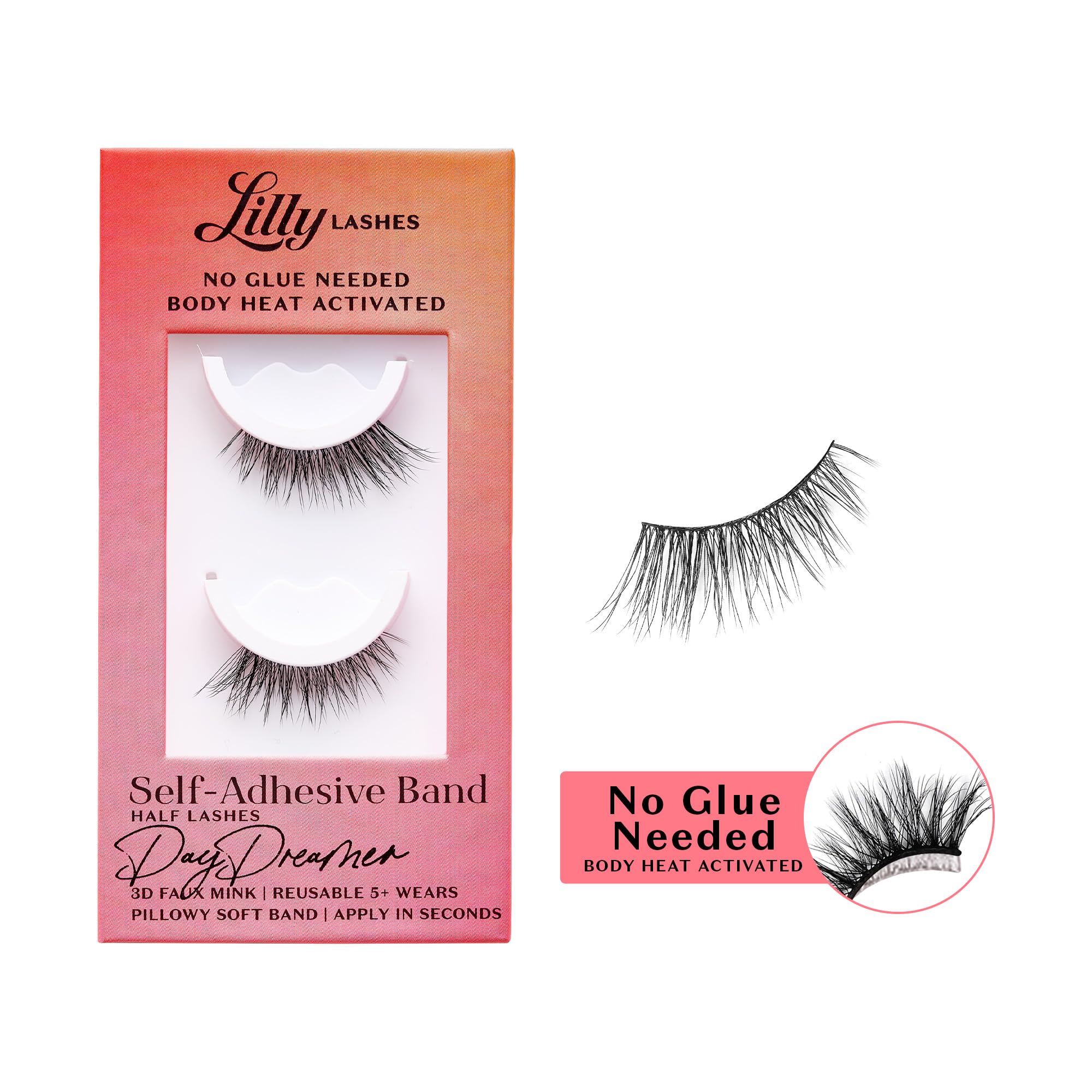 Lilly Lashes self adhesive half lashes band ready for quick, glue-free application.