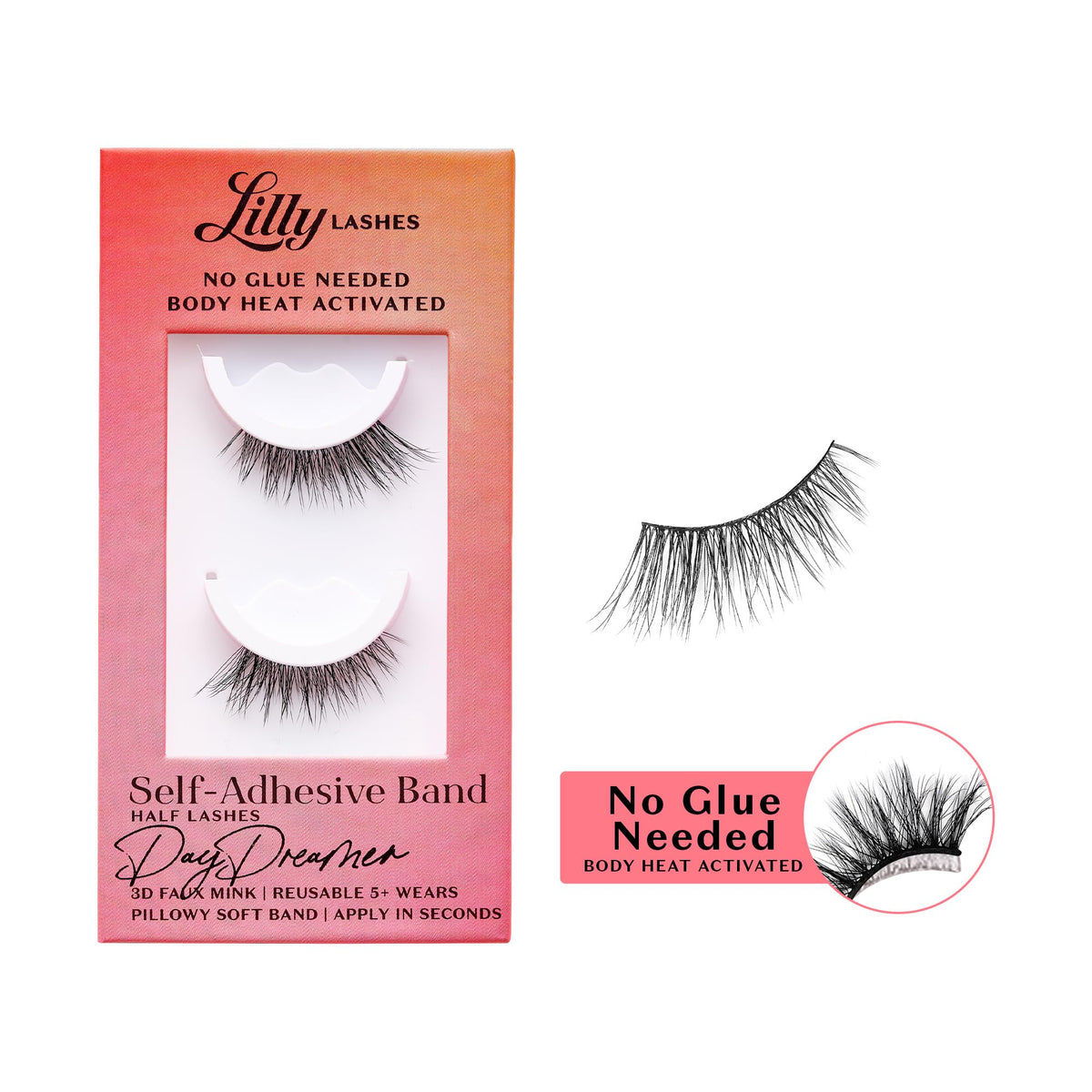 Lilly Lashes self adhesive half lashes band ready for quick, glue-free application.