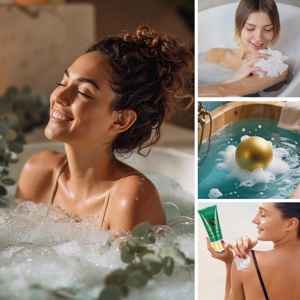 LILY ROY bath bomb round for spa-like fizz and scent.