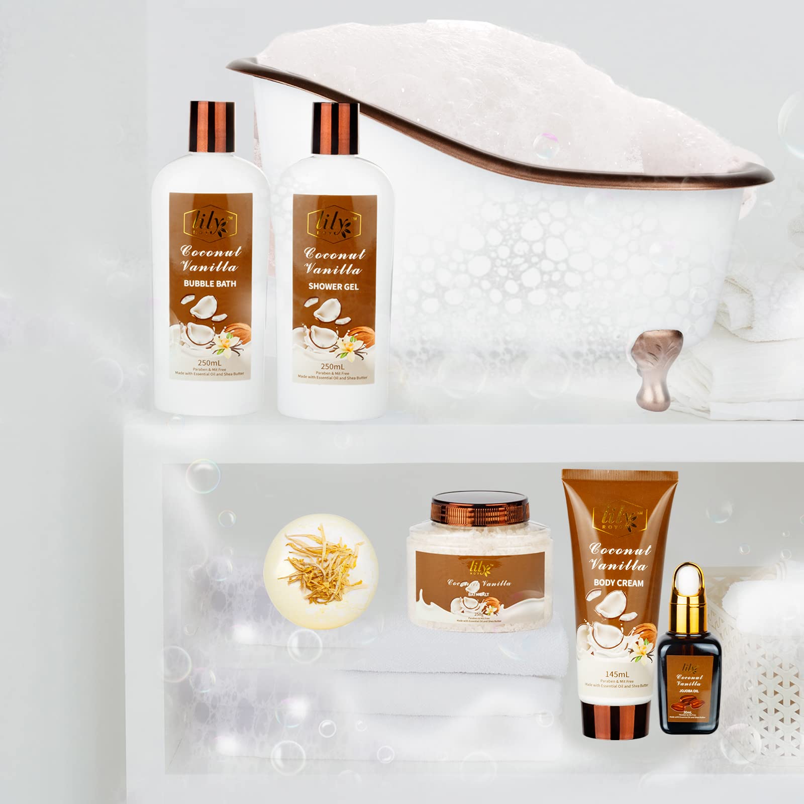 LILY ROY coconut-scent bath collection with warm, sweet aroma for a comforting soak