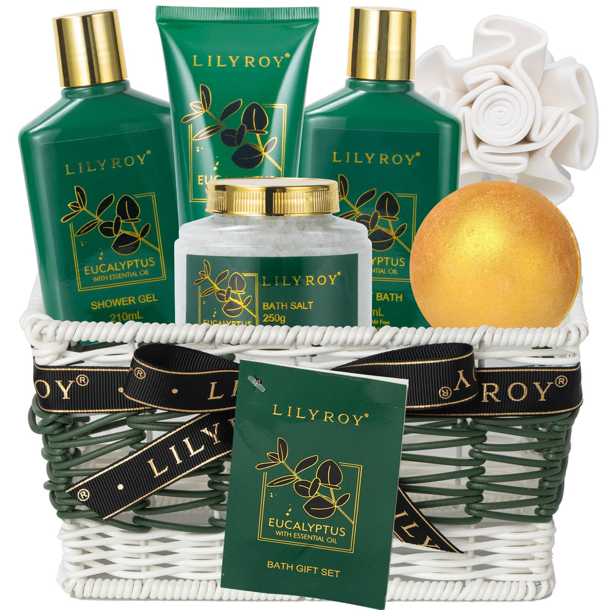 LILY ROY 7-piece bath gift basket with shower gel for spa-like pampering at home.
