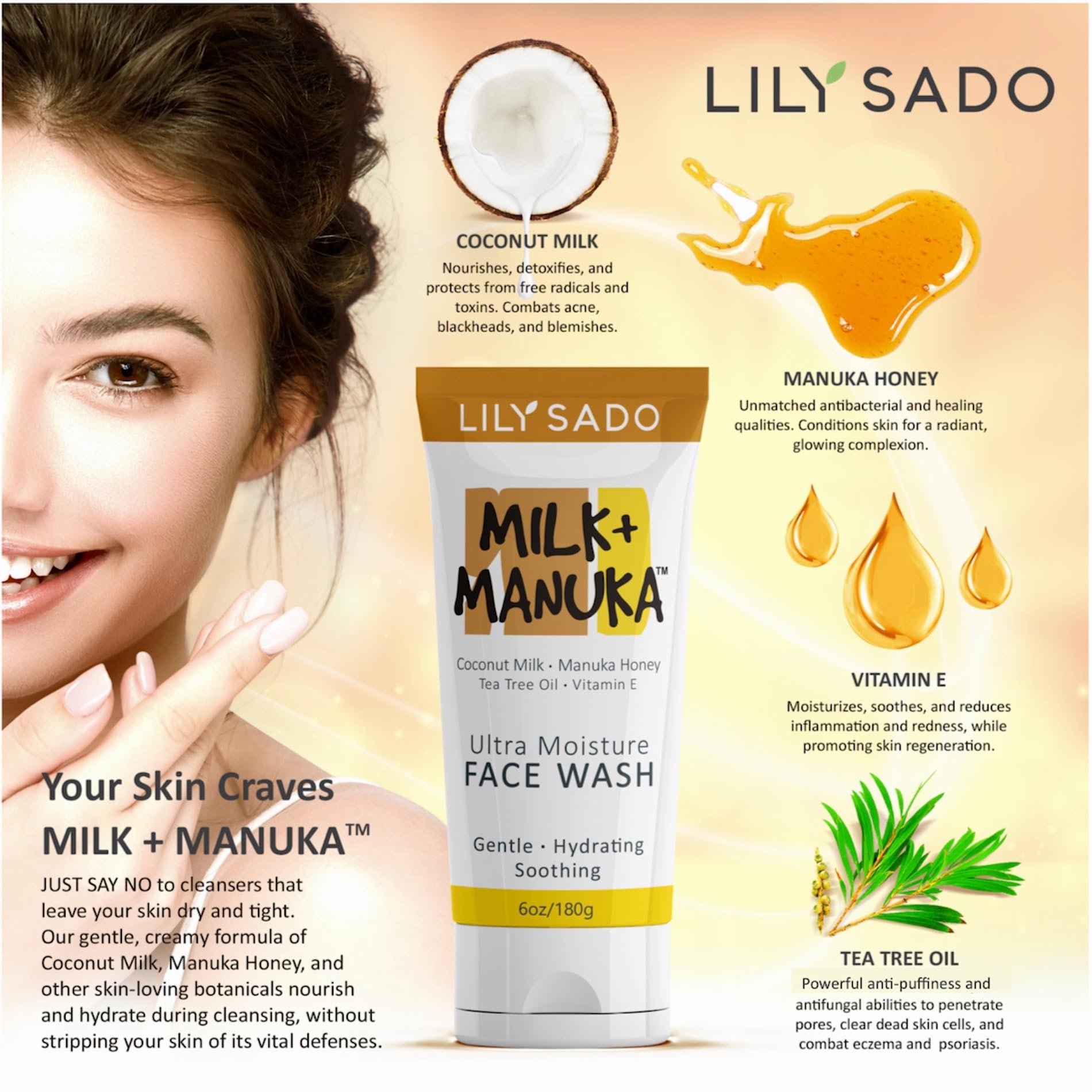 LILY SADO Manuka honey splash highlighting antioxidant-rich botanicals.