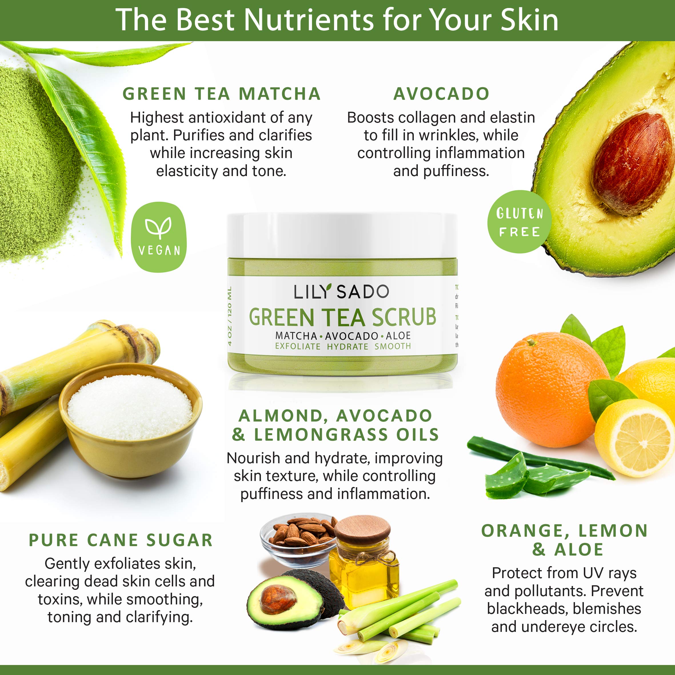 LILY SADO MATCHA Made in Heaven sugar scrub texture close-up reveals gentle exfoliation for smoother skin.