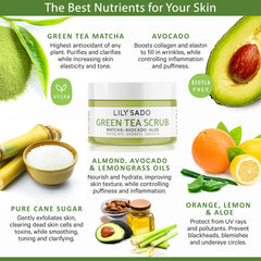 LILY SADO MATCHA Made in Heaven sugar scrub texture close-up reveals gentle exfoliation for smoother skin.