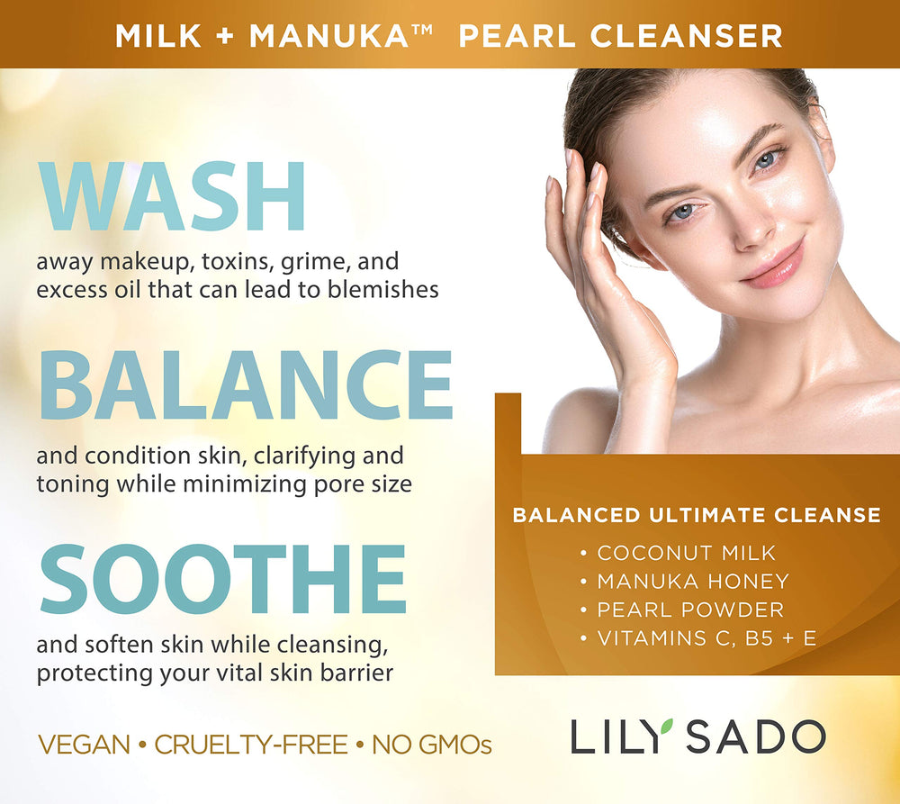 Close-up of LILY SADO Milk+Manuka bottle highlighting natural ingredients.