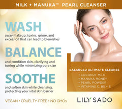 Close-up of LILY SADO Milk+Manuka bottle highlighting natural ingredients.