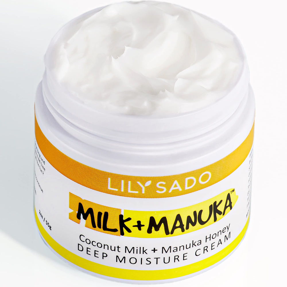 LILY SADO Milk+Manuka coconut face cream jar texture with non-greasy hydration