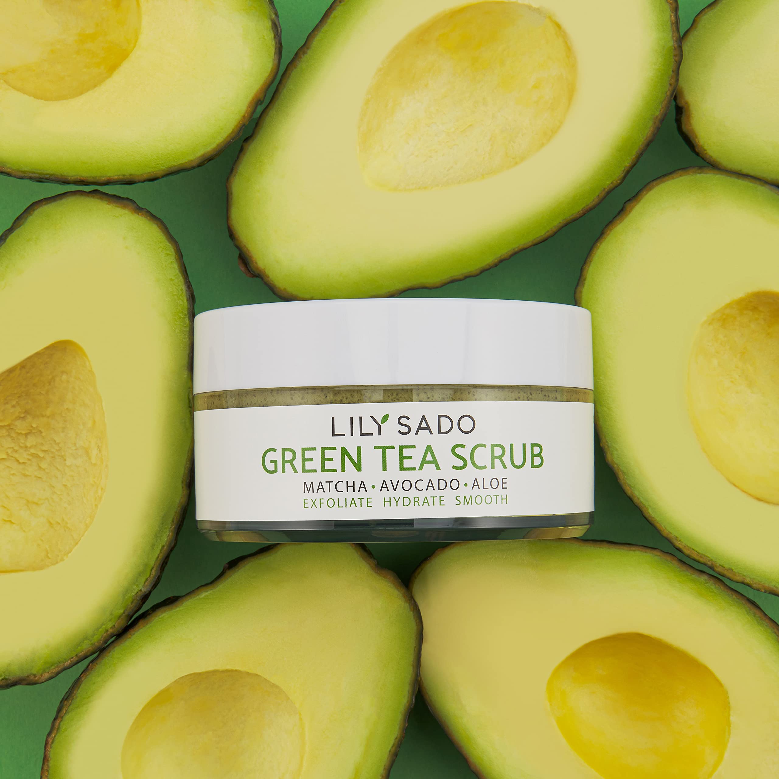 LILY SADO sugar scrub jar close-up showcases texture and a clean, inviting cleanser for daily use.