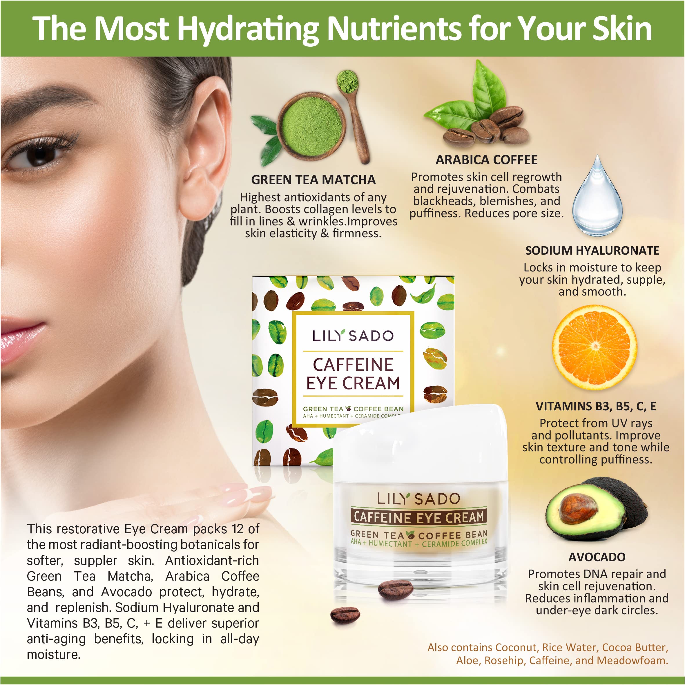 LILY SADO Tea+C Eye Cream ingredients panel highlighting botanicals