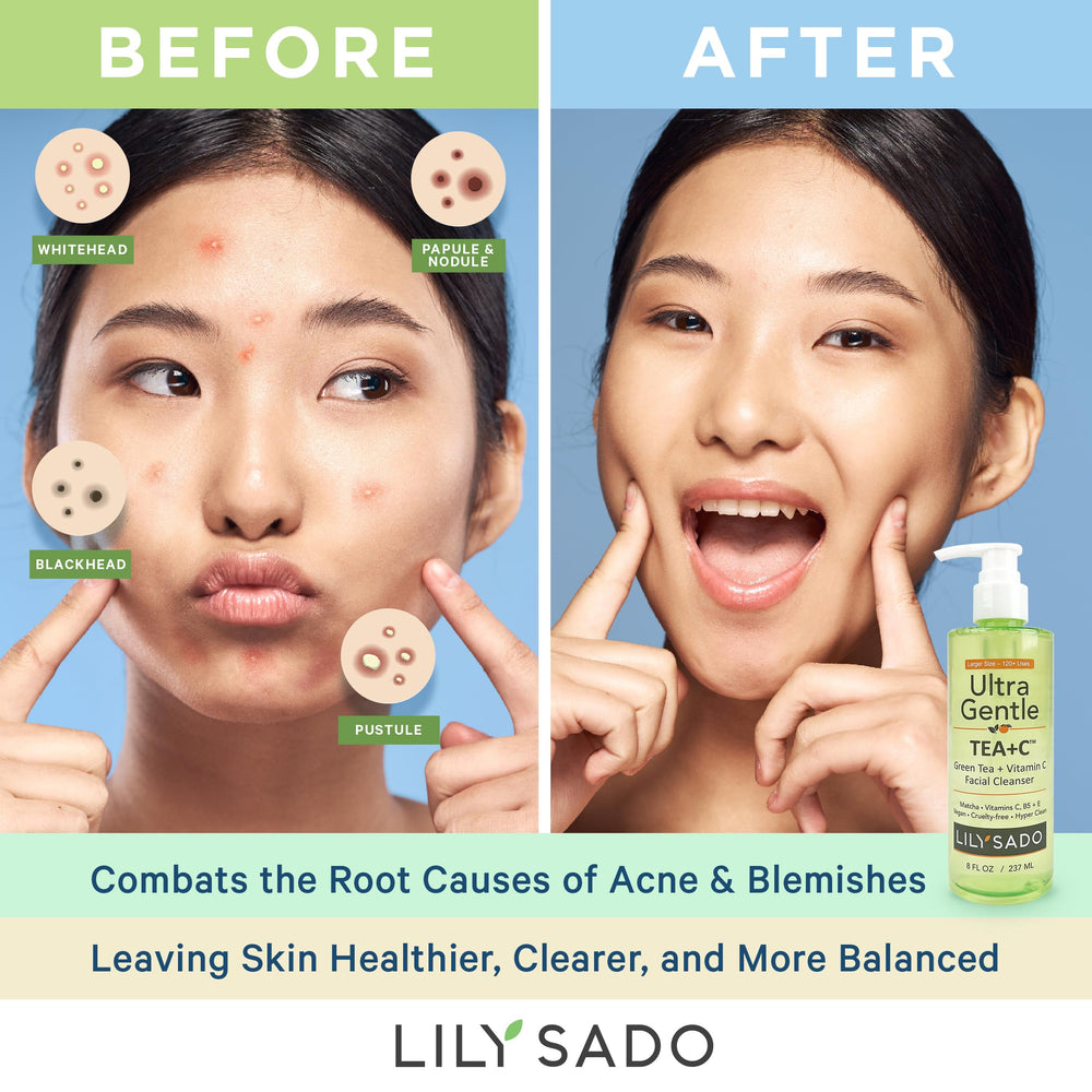 Lily Sado Tea+C cleanser 8 oz bottle close-up, premium packaging.