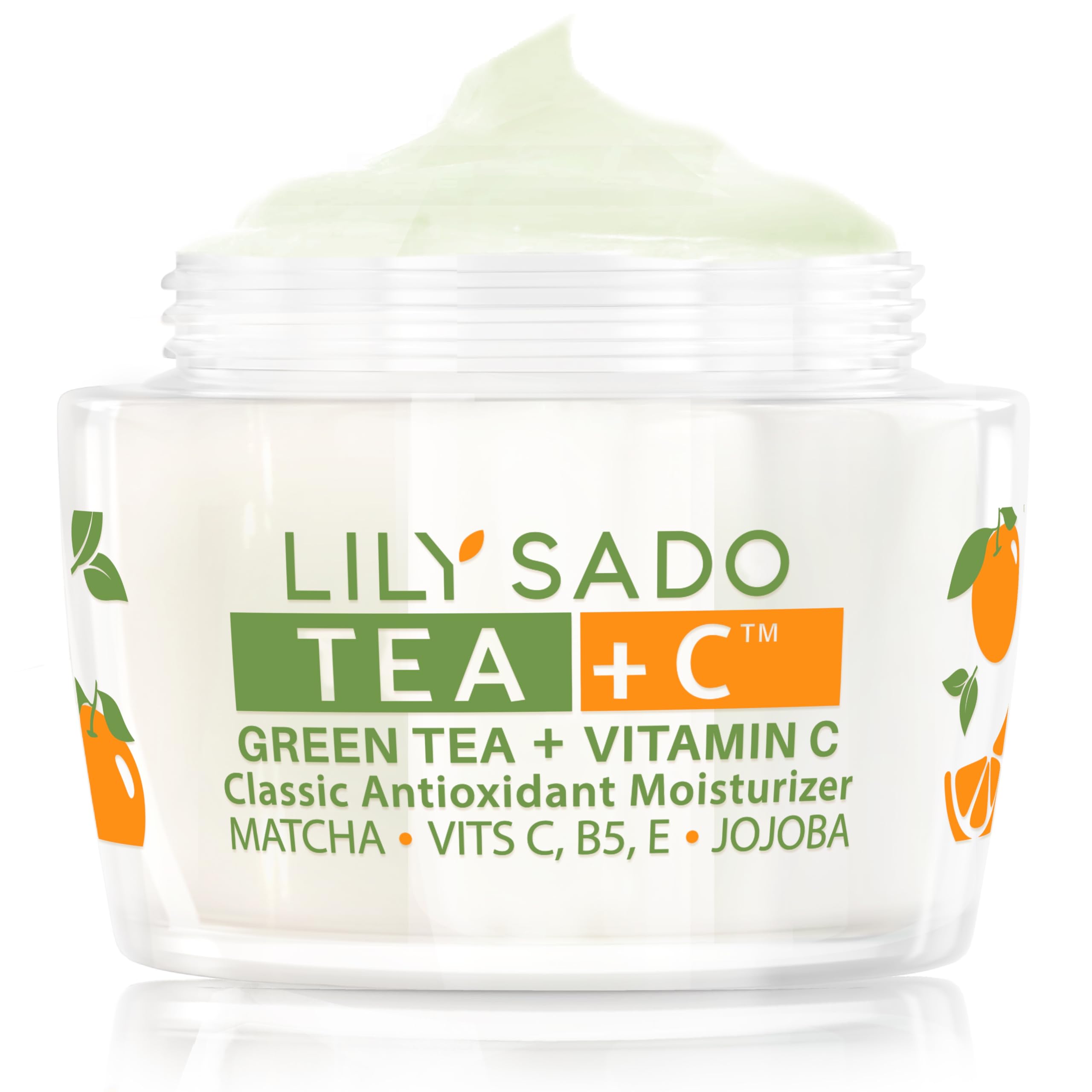 LILY SADO Tea+C green tea matcha bottle showing premium antioxidant moisturizer for daily hydration