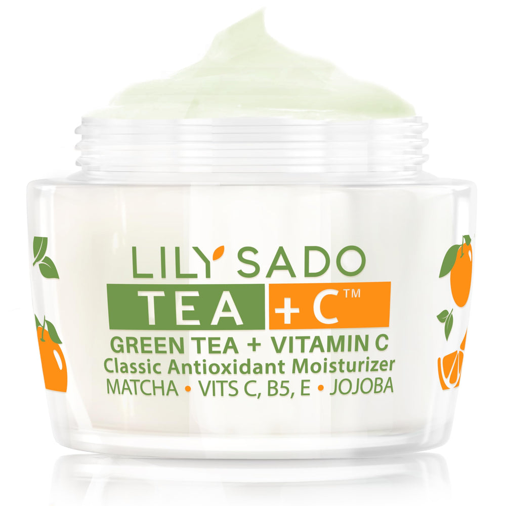 LILY SADO Tea+C green tea matcha bottle showing premium antioxidant moisturizer for daily hydration