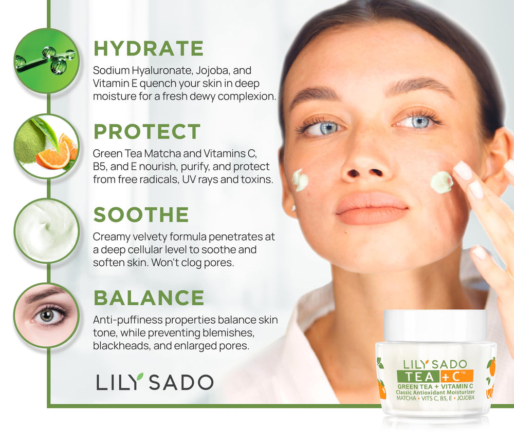 LILY SADO Tea+C cream jar highlights vegan antioxidant formula to soften and hydrate
