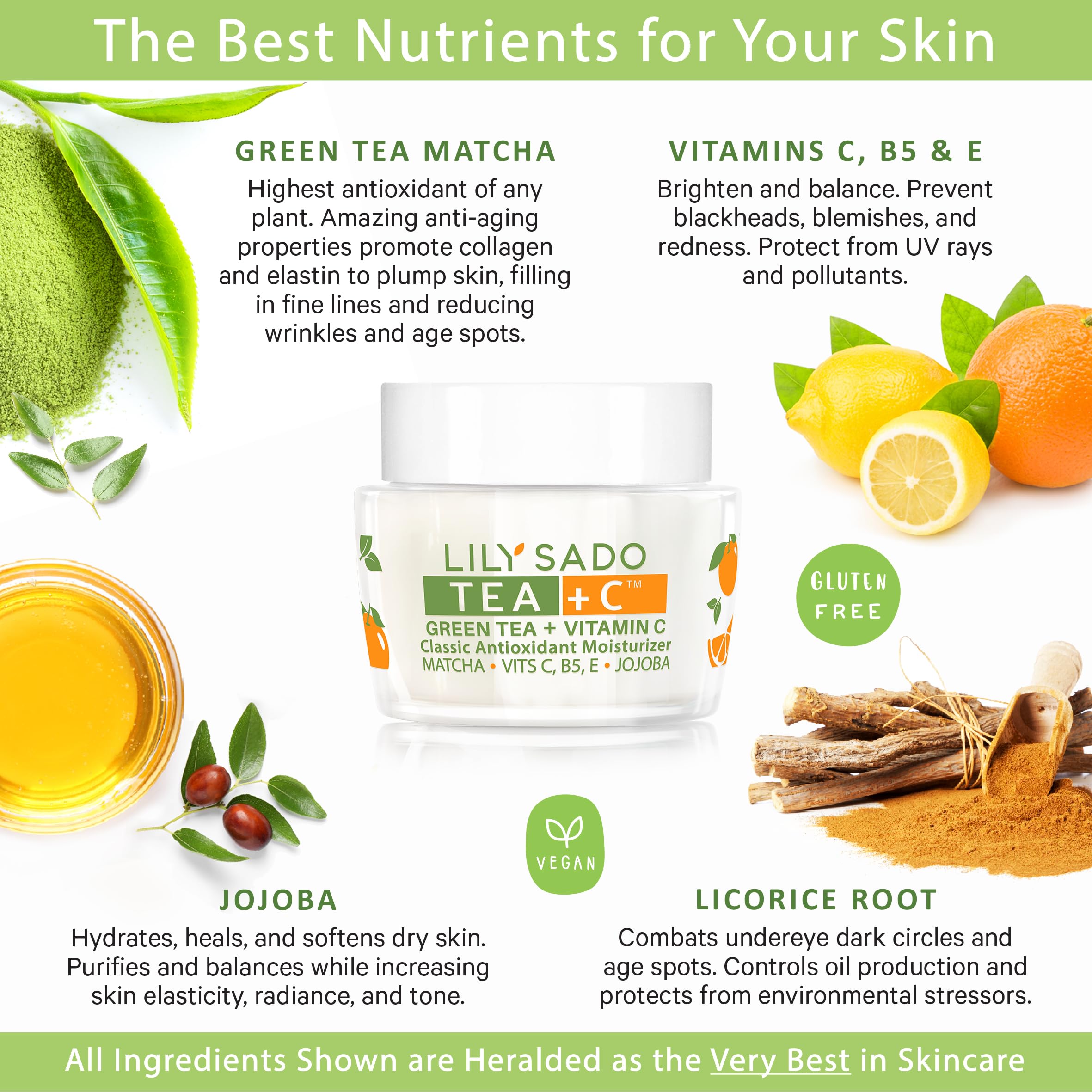 LILY SADO Tea+C ingredients closeup emphasizes green tea matcha and vitamin C benefits